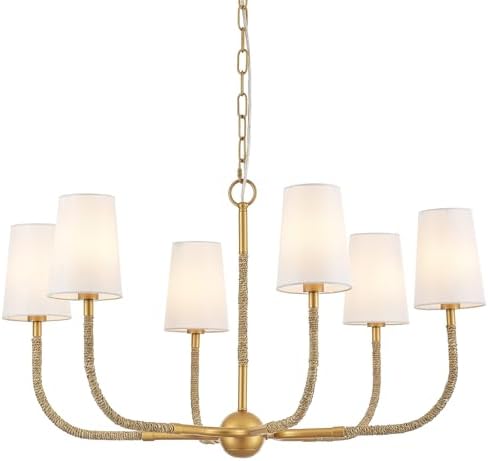34 Inch Boho Chandelier with Creamy White Fabric and Natural Rattan Arms