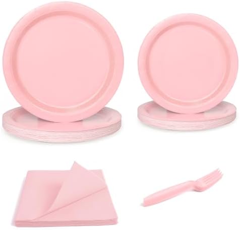 96 Pcs Pink Paper Plates and Napkins Set for 24 Guests