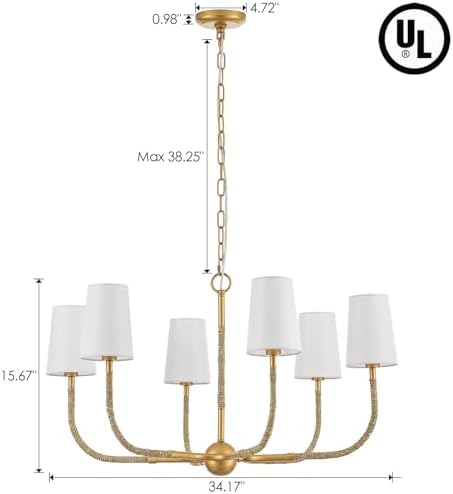 34 Inch Boho Chandelier with Creamy White Fabric and Natural Rattan Arms