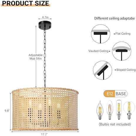 LamQee 172 Inch Farmhouse Rattan Chandeliers with 4 Lights