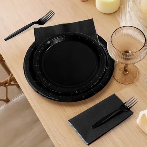 96 Pcs Black Paper Plates and Napkins for Parties