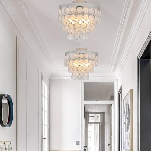 Modern Capiz Shell Chandelier 3-Light Boho Coastal Ceiling Light