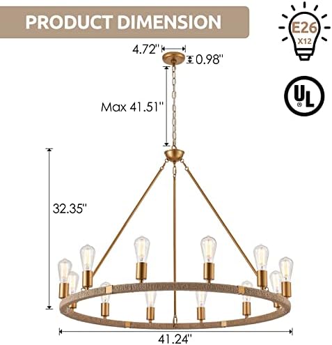 12 Lights Wagon Wheel Chandelier with Brass Finish