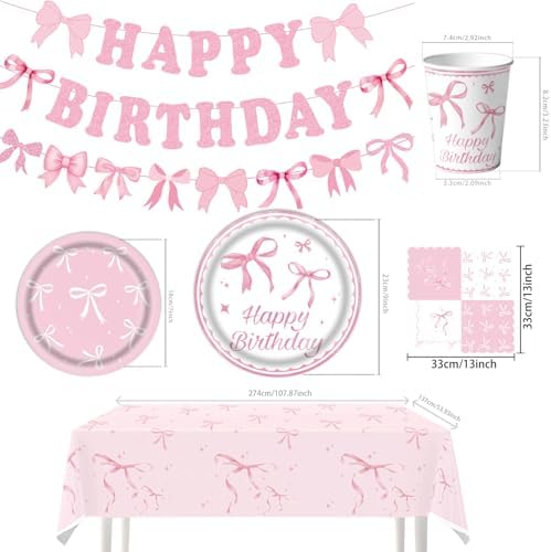 Pink Bow Party Plates Set for 24 Guests