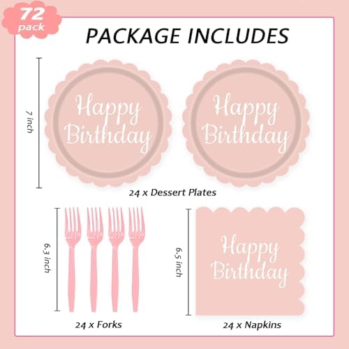 72PCS Light Pink Scalloped Birthday Plates and Napkins Set
