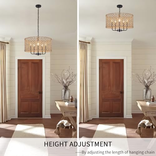 LASENCHOO 5 Light Rattan Drum Chandelier with Height Adjustment