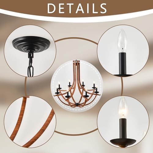 BAOURE Rustic Farmhouse Chandelier 8 Light Wood Texture Hanging Light