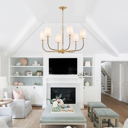 34 Inch Boho Chandelier with Creamy White Fabric and Natural Rattan Arms