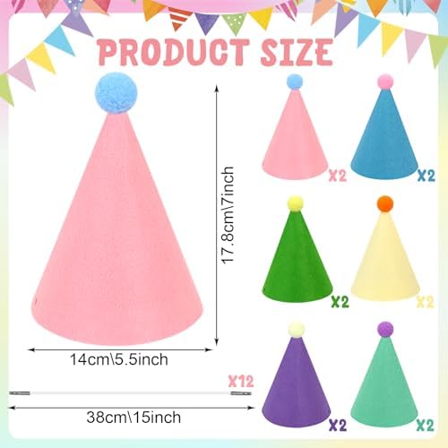 12 Pack Rainbow Cone Hats For Birthday Parties