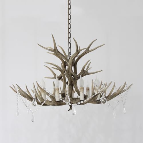 Large Faux Antler Chandelier with 12 Crystal Lights