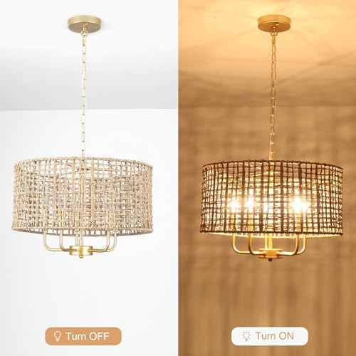 Rattan Boho Chandelier 5 Light Gold Drum Wicker Ceiling Hanging