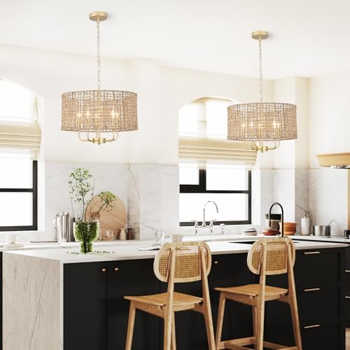 Rattan Boho Chandelier 5 Light Gold Drum Wicker Ceiling Hanging