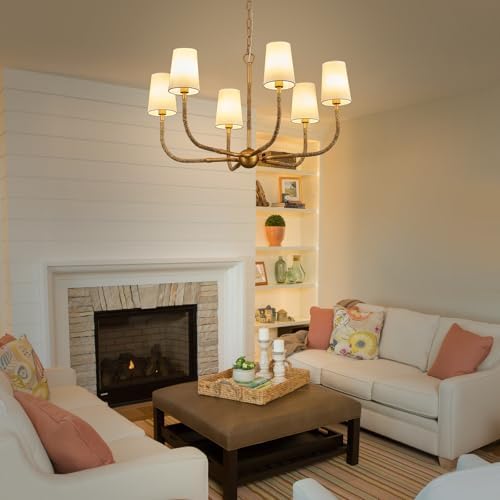 34 Inch Boho Chandelier with Creamy White Fabric and Natural Rattan Arms