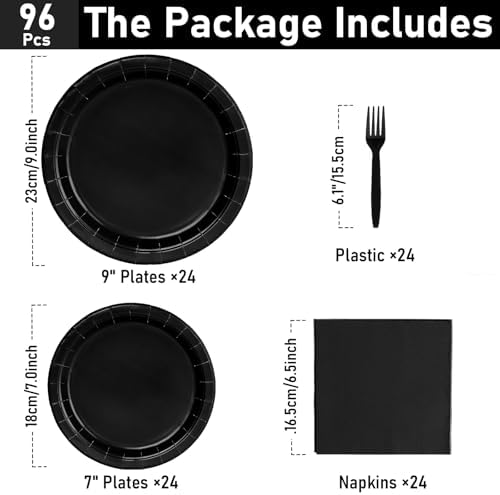 96 Pcs Black Paper Plates and Napkins for Parties