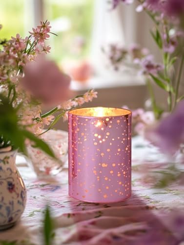 Pink Mercury Glass Flameless LED Candles with Remote and Timer Batteries Included