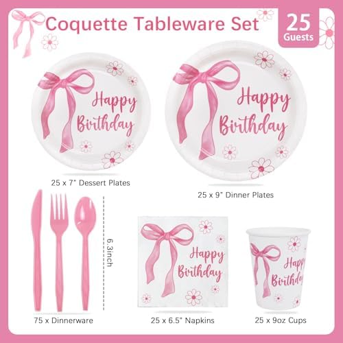 Pink Bow Birthday Plates Set for 25 Guests