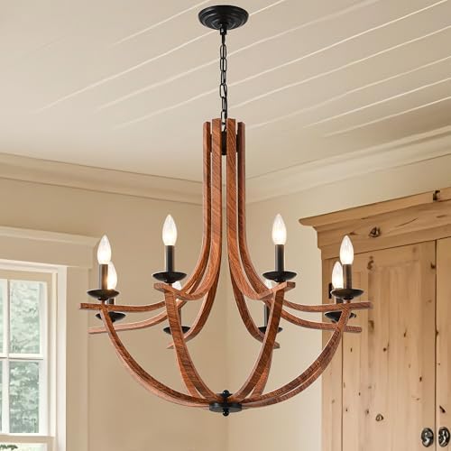 BAOURE Rustic Farmhouse Chandelier 8 Light Wood Texture Hanging Light