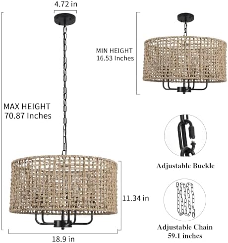 LASENCHOO 5 Light Rattan Drum Chandelier with Height Adjustment