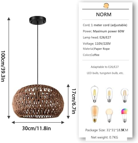 Boho Rattan Chandelier with Handwoven Lampshade for Farmhouse Kitchen Living Room