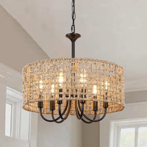 LynPon 177 Inch Black Rattan Chandelier with 6 Lights