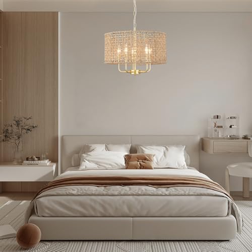 Rattan Boho Chandelier 5 Light Gold Drum Wicker Ceiling Hanging