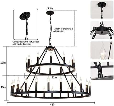 Wagon Wheel Chandelier 2 Tier 36 Light 48 Inch Black Farmhouse Industrial
