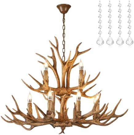 Large Resin Antler Chandelier with 12 Crystals