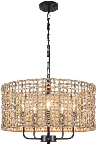 LASENCHOO 5 Light Rattan Drum Chandelier with Height Adjustment