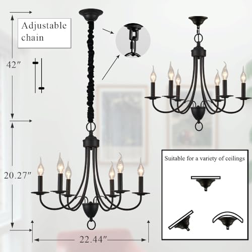 6 Light Black Farmhouse Chandelier with Adjustable Chain