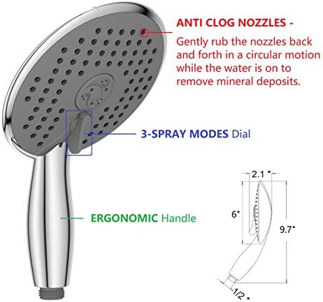 Ana Bath 6-Inch 3-Function Handheld Showerhead Combo with 8 Foot Stainless Steel Hose