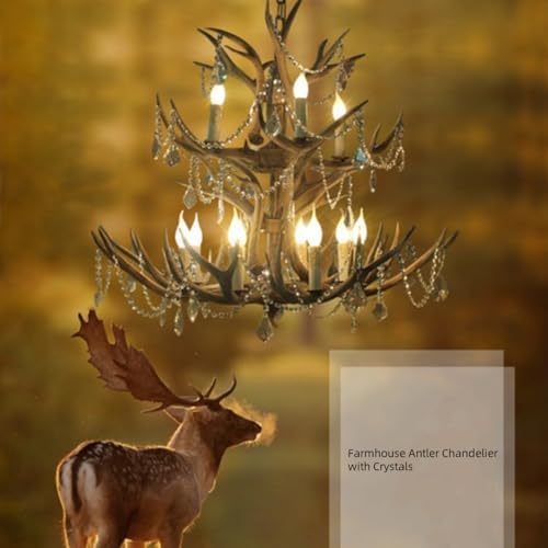 Large Faux Antler Chandelier with 12 Crystal Lights