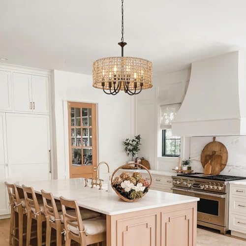 LynPon 177 Inch Black Rattan Chandelier with 6 Lights