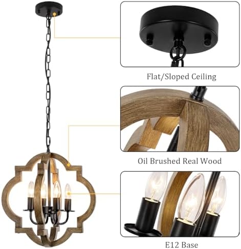 Farmhouse Orb Chandelier 4-Light Rustic Wood