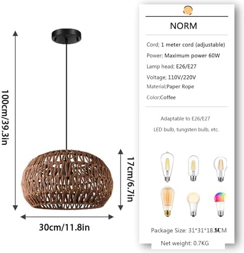 Boho Rattan Chandelier with Handwoven Lampshade 1-Light