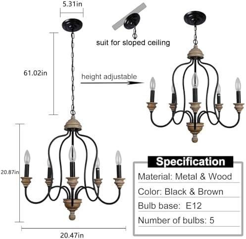 Black Rustic Farmhouse 5-Light Chandelier Ceiling Light