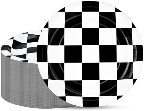 100 Pack Race Car Paper Plates 9 Inch Checkered Flag