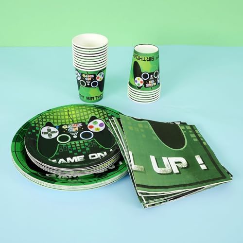 WERNNSAI Video Game Party Decorations 64 PCS Plates Napkins Cups