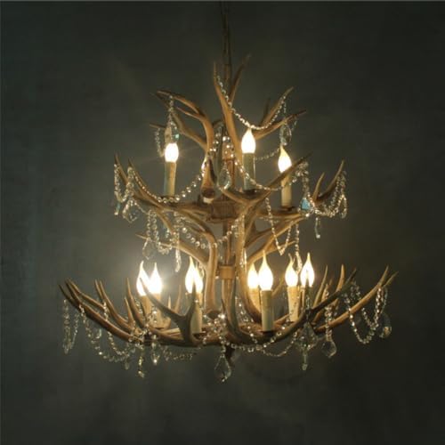 Large Faux Antler Chandelier with 12 Crystal Lights