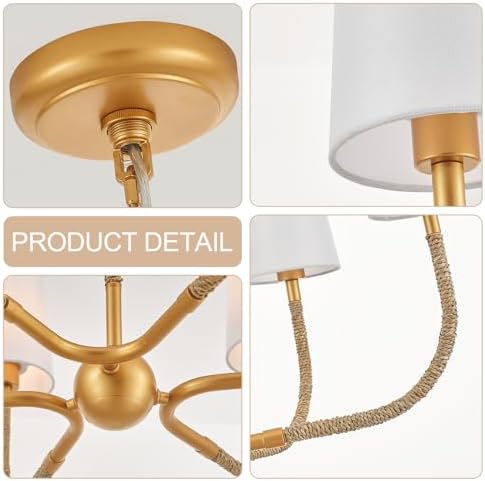 34 Inch Boho Chandelier with Creamy White Fabric and Natural Rattan Arms