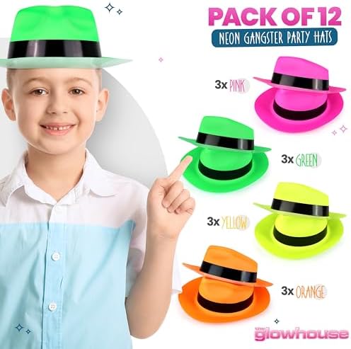 Neon Gangster Fedora Hats 12-Pack UV Reactive