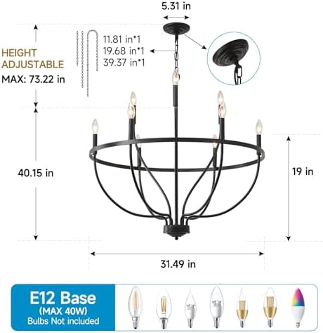 Modern Black 9 Light Farmhouse Chandelier for Entryway