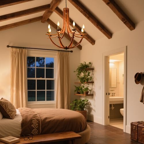 BAOURE Rustic Farmhouse Chandelier 8 Light Wood Texture Hanging Light