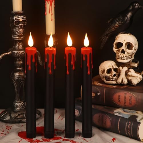 Lasumora Halloween Black Flameless Taper Candles with Remote Timer 4 Pcs