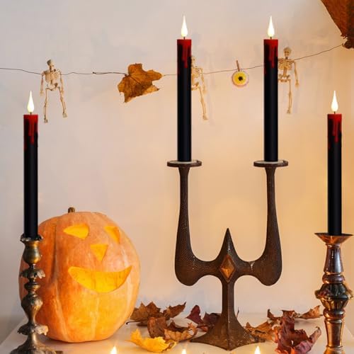 Lasumora Halloween Black Flameless Taper Candles with Remote Timer 4 Pcs