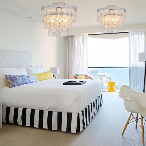 Modern Capiz Shell Chandelier 3-Light Boho Coastal Ceiling Light