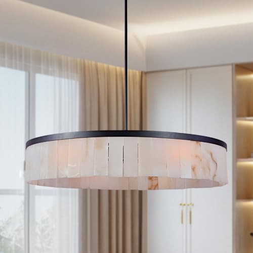 Alabaster Rustic Chandelier with Black Iron Frame