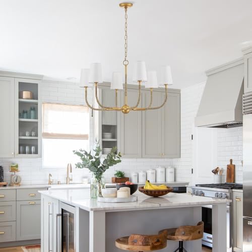 34 Inch Boho Chandelier with Creamy White Fabric and Natural Rattan Arms