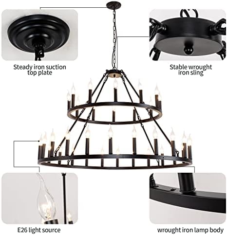 Wagon Wheel Chandelier 2 Tier 36 Light 48 Inch Black Farmhouse Industrial