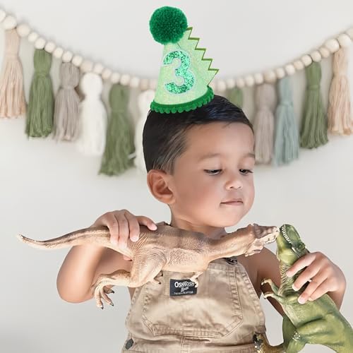 Green Glitter Dinosaur Birthday Cone Hat for Kids