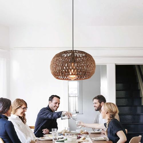 Boho Rattan Chandelier with Handwoven Lampshade for Farmhouse Kitchen Living Room